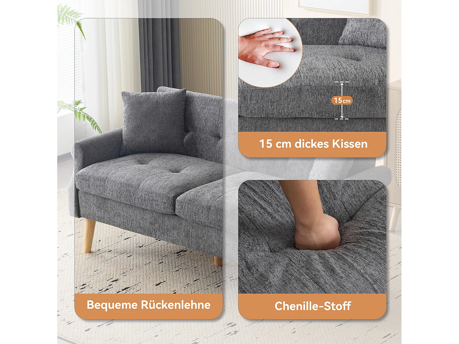 2-Sitzer-Sofa aus Chenille-Stoff mit dicken Kissen – 162 x 74 x 77 cm – für Wohnzimmer, Schlafzimmer – Hellgrau