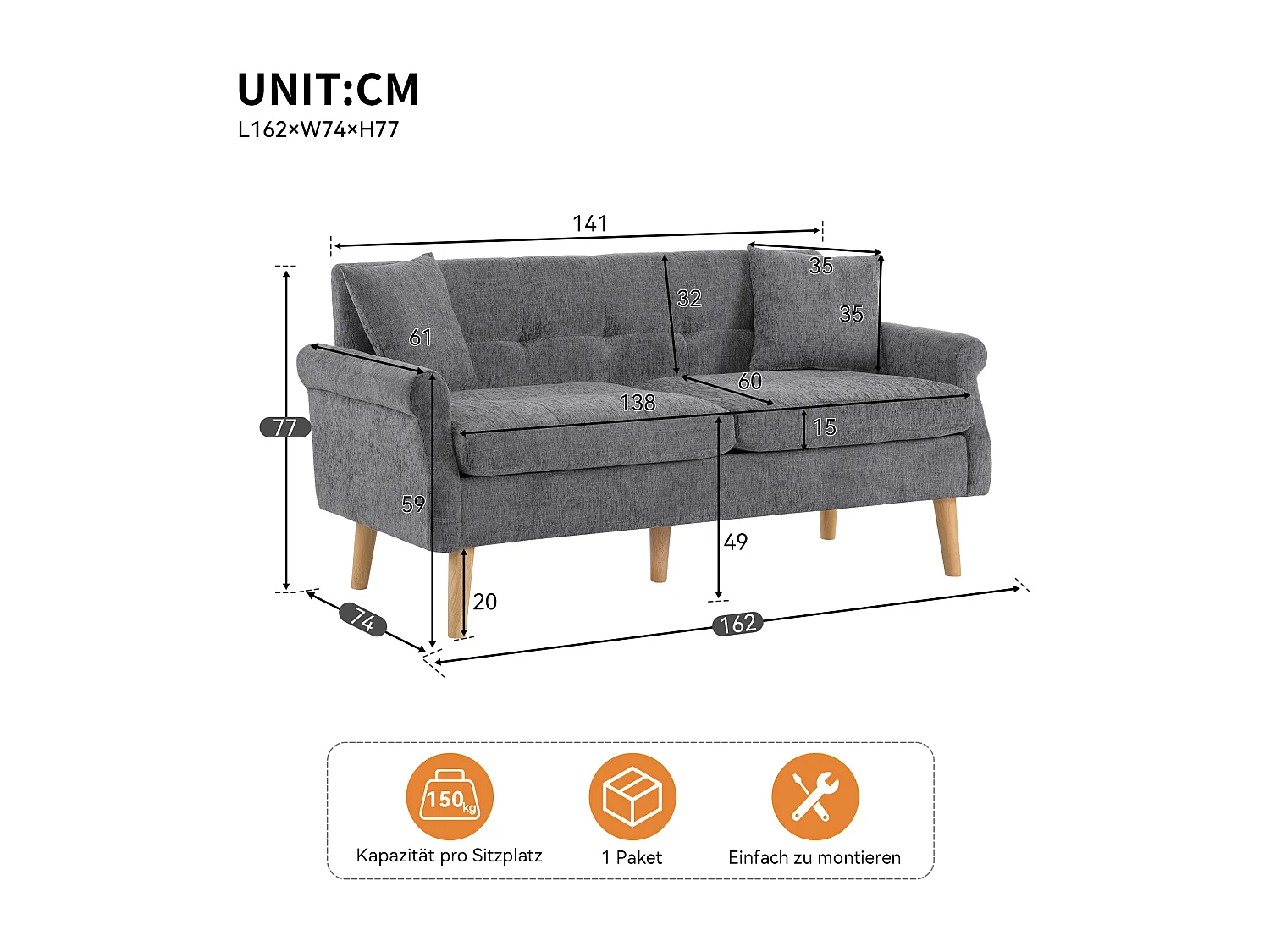 2-Sitzer-Sofa aus Chenille-Stoff mit dicken Kissen – 162 x 74 x 77 cm – für Wohnzimmer, Schlafzimmer – Hellgrau