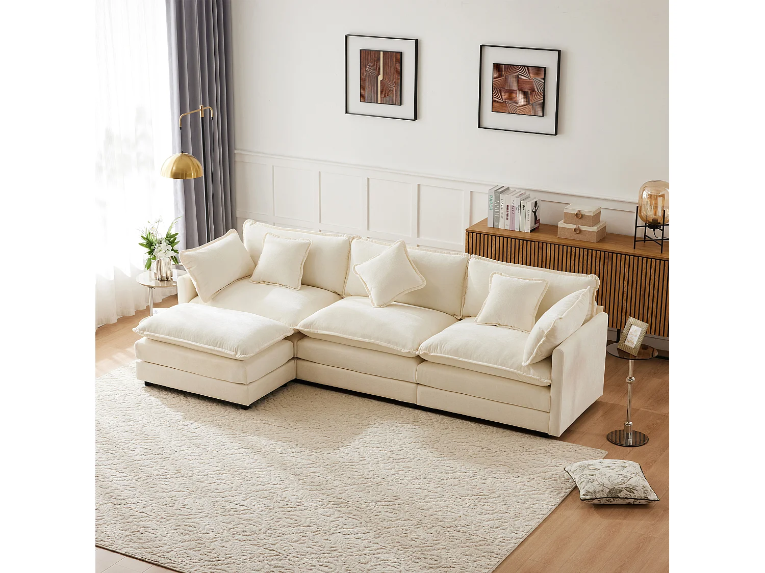 Canapé d'angle 3 places avec repose-pieds - 283 x 147 x 84 - Tissu chenille - Beige
