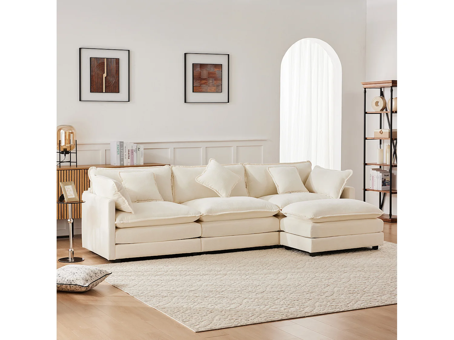 Canapé d'angle 3 places avec repose-pieds - 283 x 147 x 84 - Tissu chenille - Beige