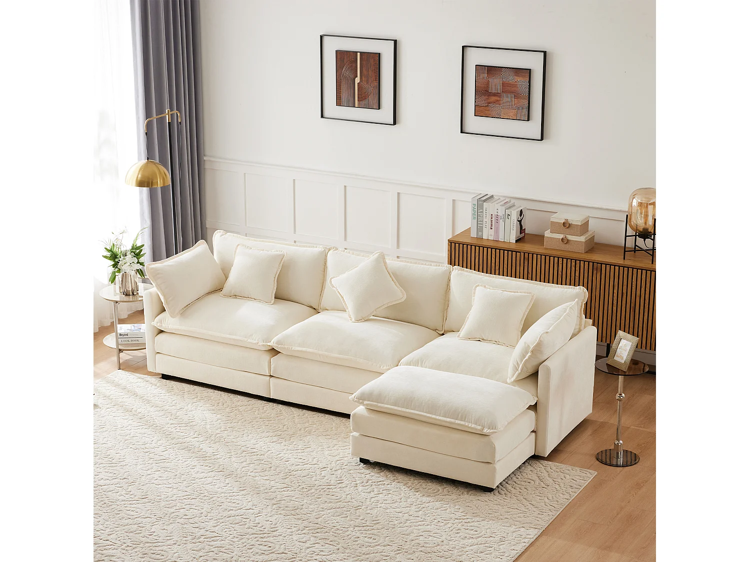 Canapé d'angle 3 places avec repose-pieds - 283 x 147 x 84 - Tissu chenille - Beige