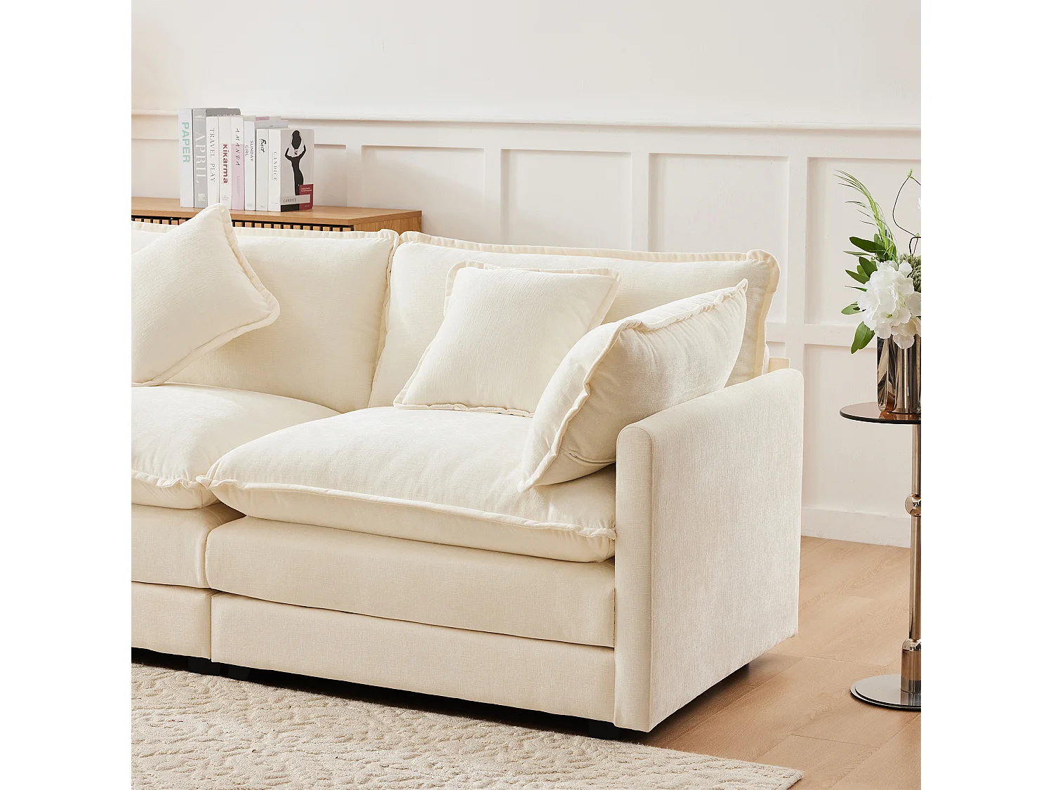 Canapé d'angle 3 places avec repose-pieds - 283 x 147 x 84 - Tissu chenille - Beige