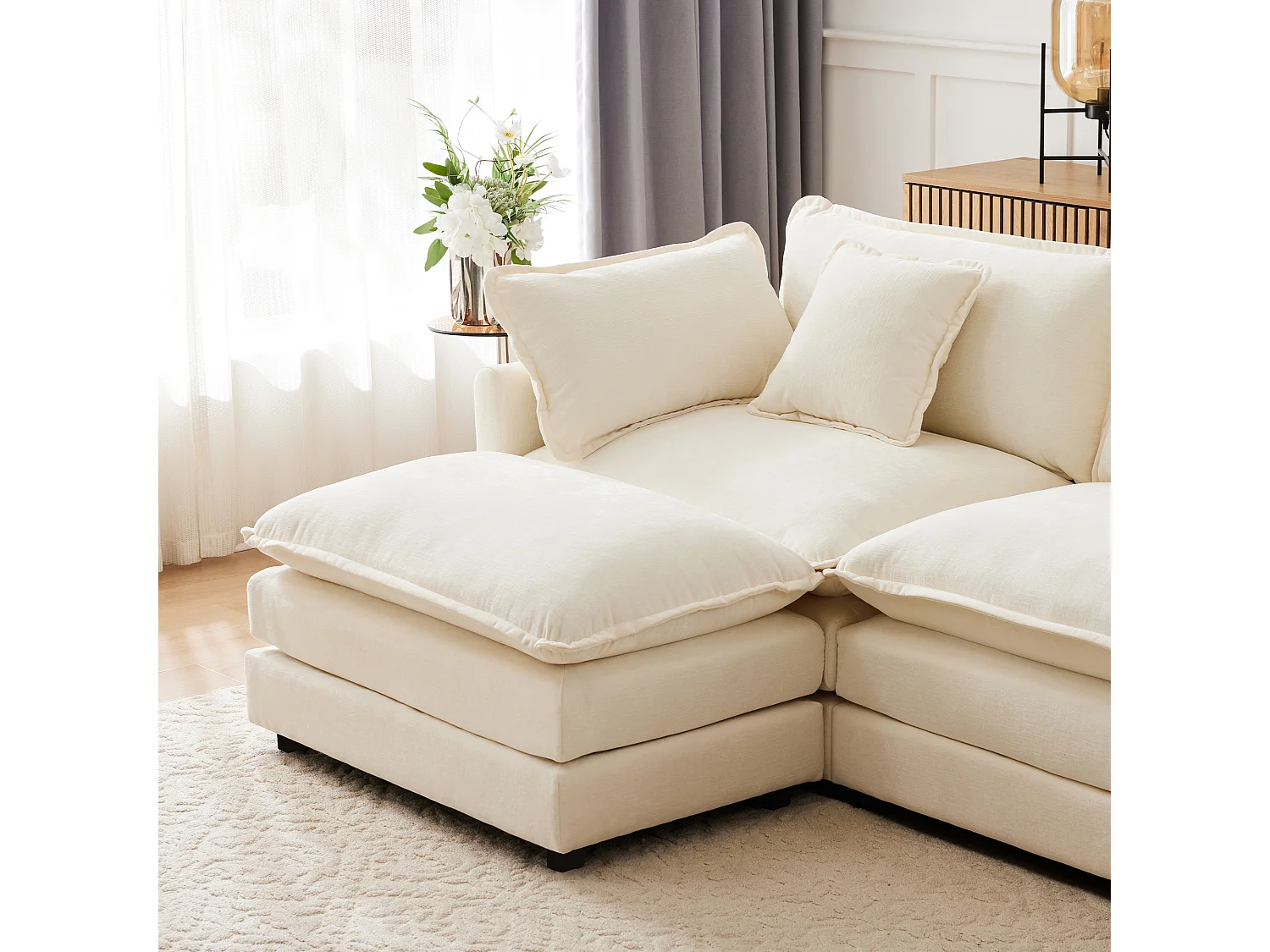 Canapé d'angle 3 places avec repose-pieds - 283 x 147 x 84 - Tissu chenille - Beige