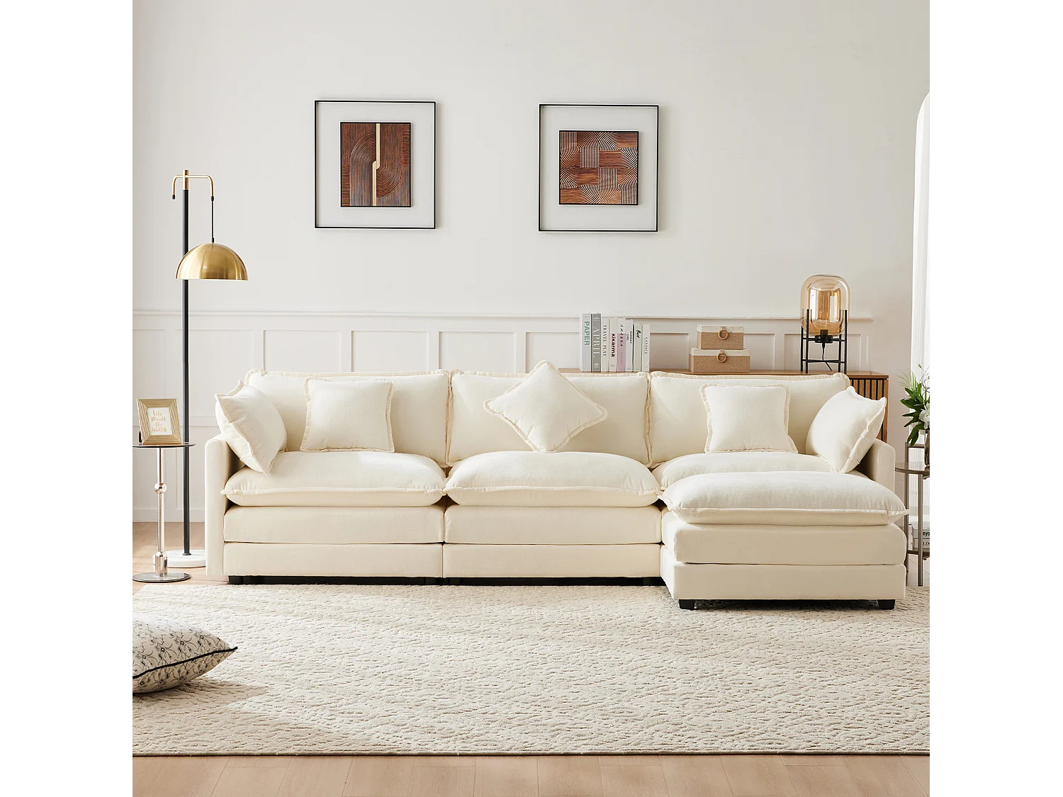 3-personers hjørnesofa med fodstøtte - 283 x 147 x 84 cm - Chenille stof - Beige