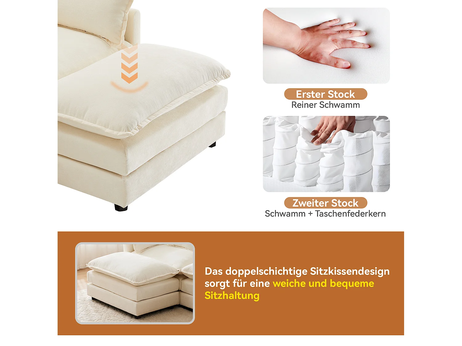 3-personers hjørnesofa med fodstøtte - 283 x 147 x 84 cm - Chenille stof - Beige