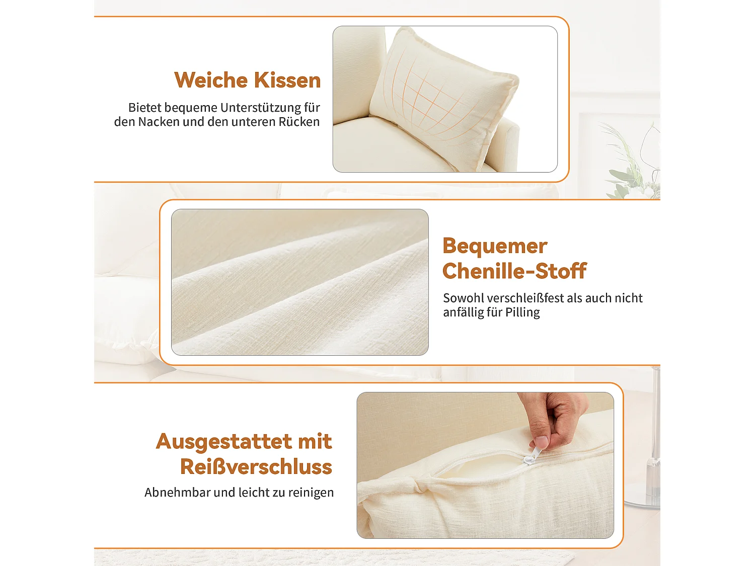 3-personers hjørnesofa med fodstøtte - 283 x 147 x 84 cm - Chenille stof - Beige