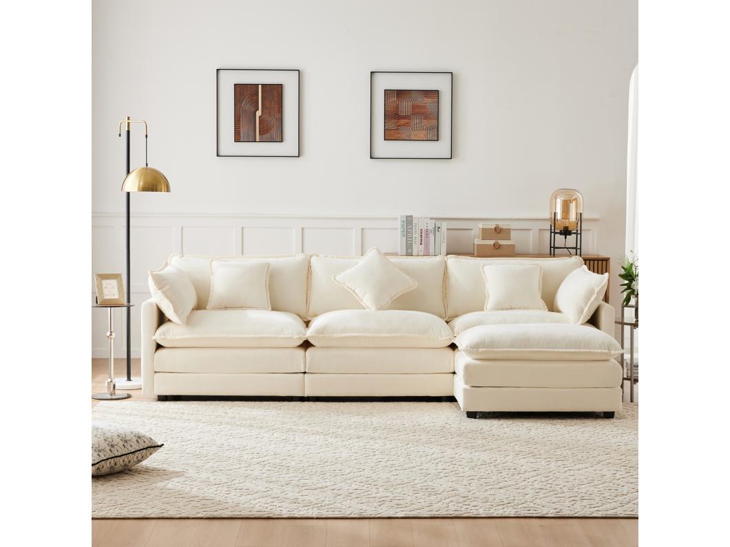 3-zits hoekbank met voetenbank - 283 x 147 x 84 - Chenille stof - Beige