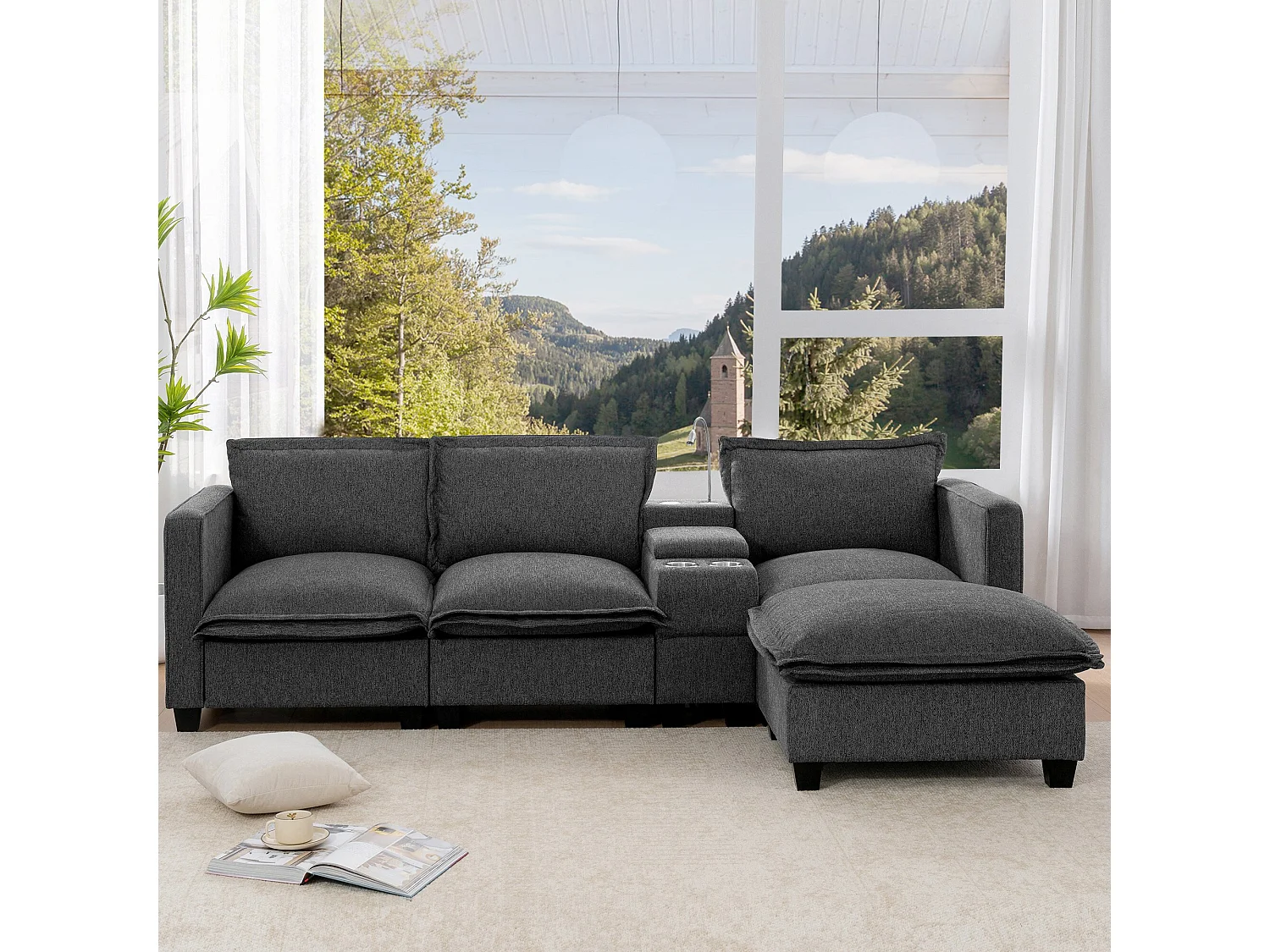 Divano 3 posti in ciniglia con poggiapiedi + porta di ricarica USB + lampada da lettura + portabicchieri - 243 x 154 x 84 cm - Grigio