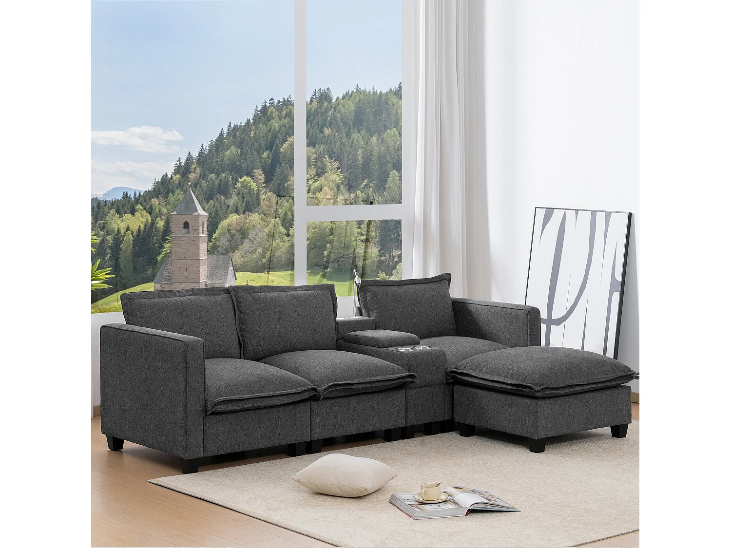 Divano 3 posti in ciniglia con poggiapiedi + porta di ricarica USB + lampada da lettura + portabicchieri - 243 x 154 x 84 cm - Grigio