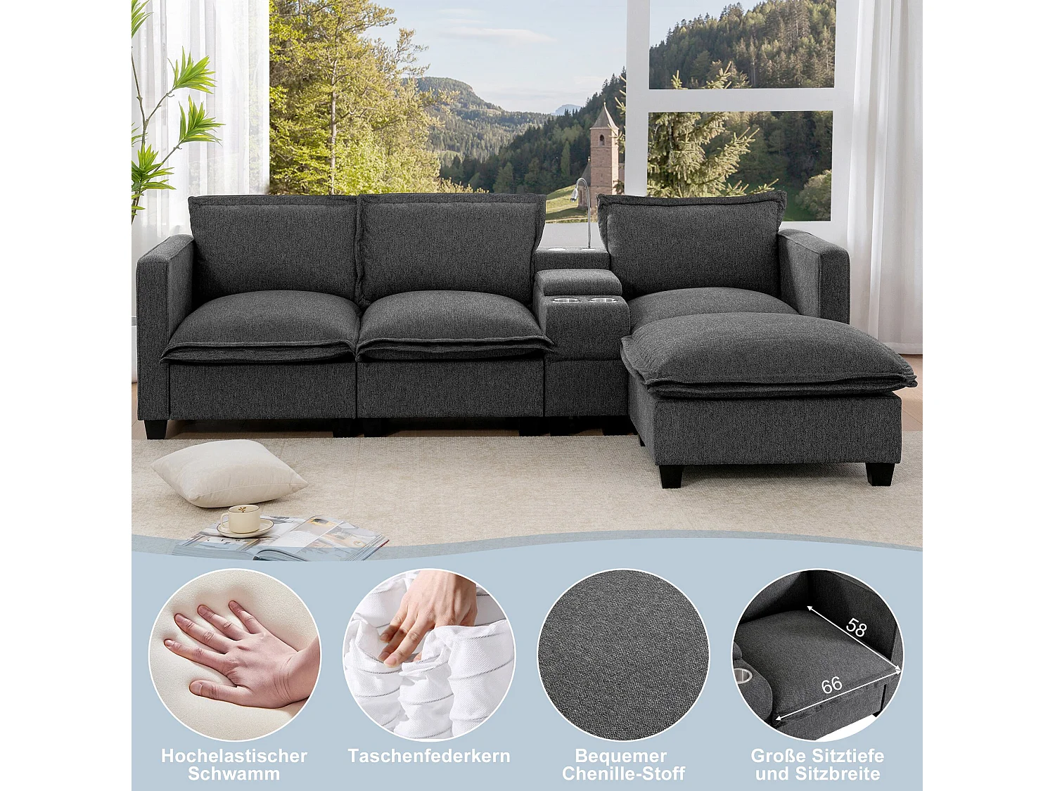 Divano 3 posti in ciniglia con poggiapiedi + porta di ricarica USB + lampada da lettura + portabicchieri - 243 x 154 x 84 cm - Grigio