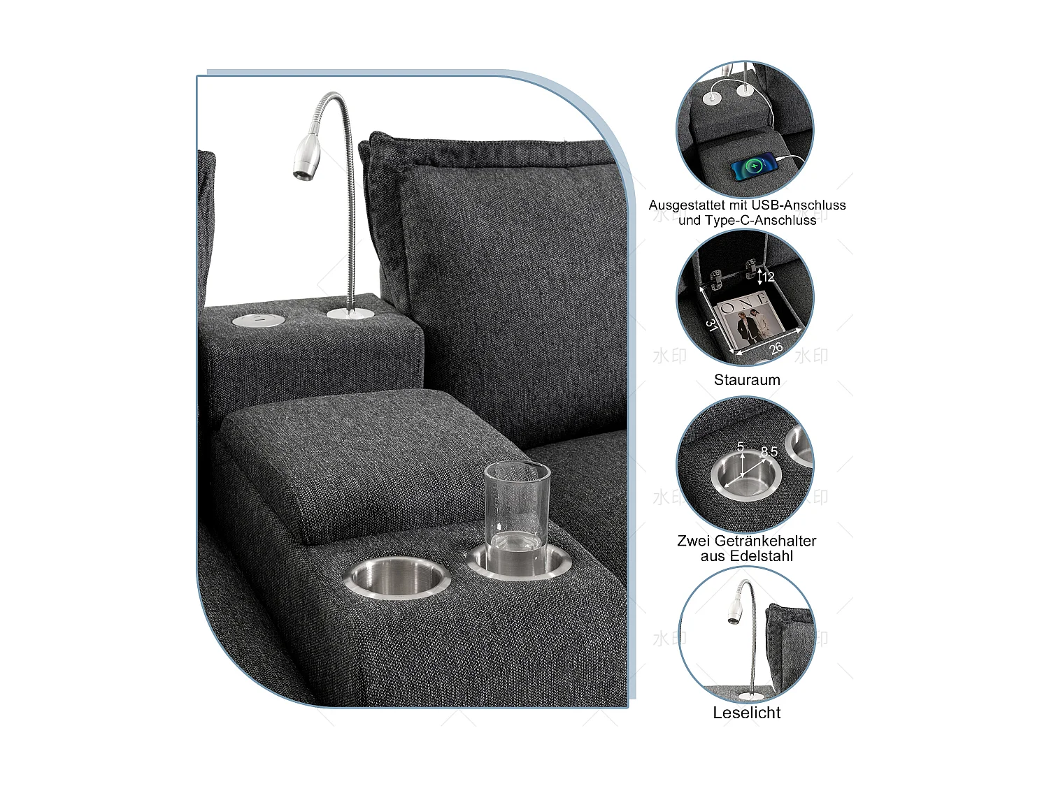 Divano 3 posti in ciniglia con poggiapiedi + porta di ricarica USB + lampada da lettura + portabicchieri - 243 x 154 x 84 cm - Grigio