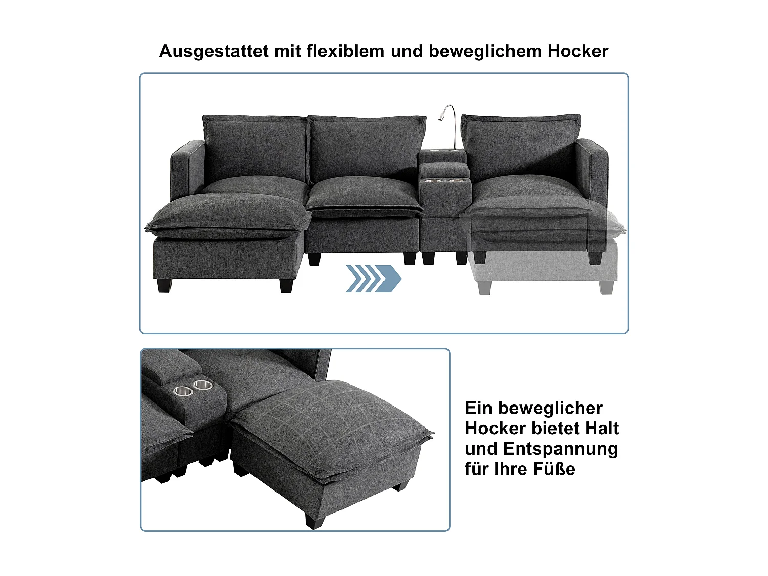 Divano 3 posti in ciniglia con poggiapiedi + porta di ricarica USB + lampada da lettura + portabicchieri - 243 x 154 x 84 cm - Grigio