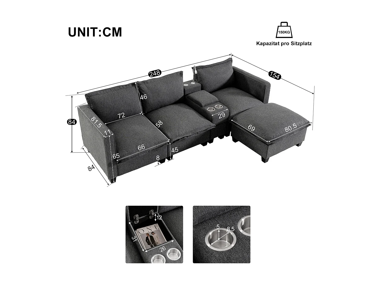 Divano 3 posti in ciniglia con poggiapiedi + porta di ricarica USB + lampada da lettura + portabicchieri - 243 x 154 x 84 cm - Grigio