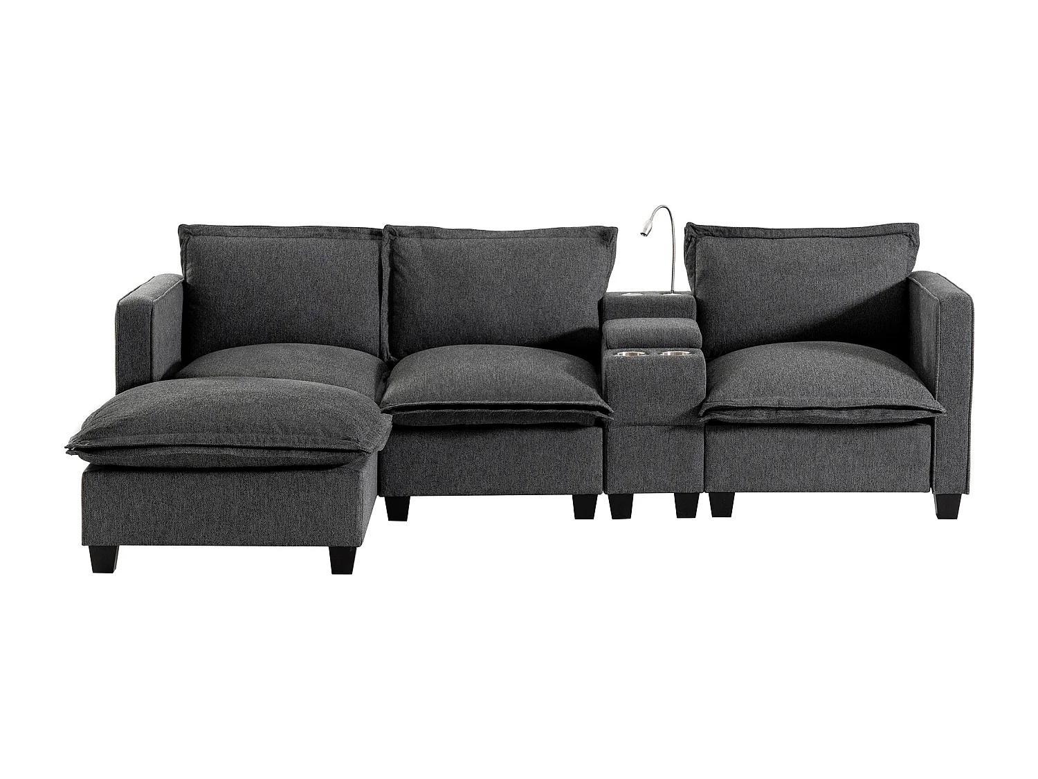 Divano 3 posti in ciniglia con poggiapiedi + porta di ricarica USB + lampada da lettura + portabicchieri - 243 x 154 x 84 cm - Grigio