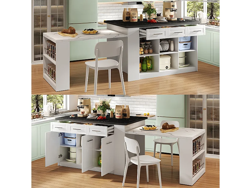 Kücheninsel mit 3 Türen, 3 Schubladen und Fächern - ausziehbare Platte - 150/246 x 90 x 90 cm - MDF-Holz - Weiß + Schwarz