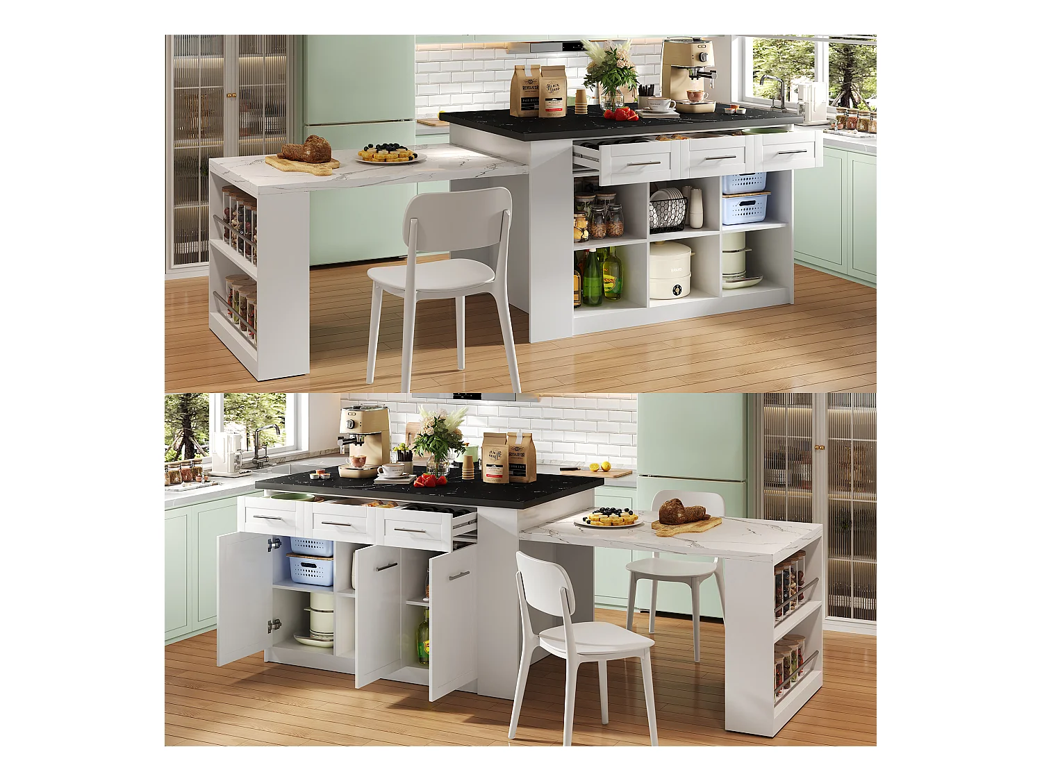 Ilot central de cuisine avec 3 portes, 6 tiroirs et compartiments - plateau extensible - 150/246 x 90 x 90 cm - Bois MDF - Blanc + noir