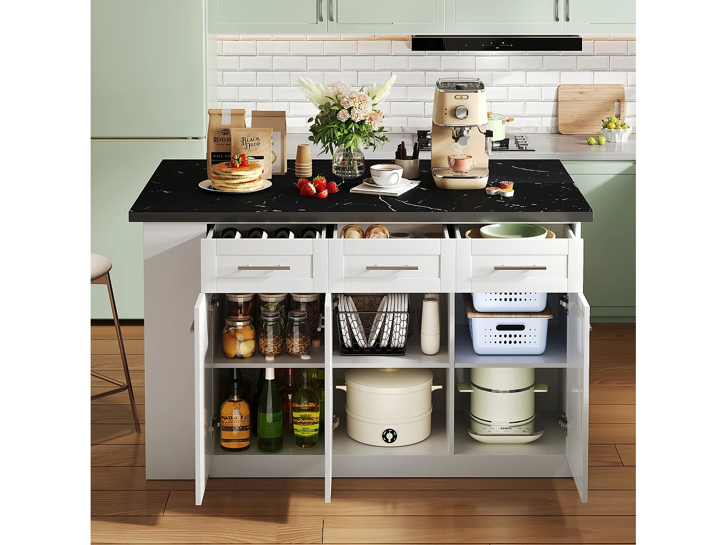 Ilot central de cuisine avec 3 portes, 6 tiroirs et compartiments - plateau extensible - 150/246 x 90 x 90 cm - Bois MDF - Blanc + noir