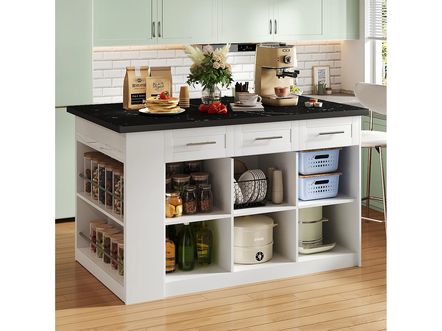 Ilot central de cuisine avec 3 portes, 6 tiroirs et compartiments - plateau extensible - 150/246 x 90 x 90 cm - Bois MDF - Blanc + noir