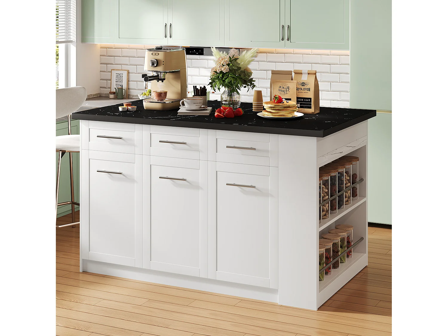 Ilot central de cuisine avec 3 portes, 6 tiroirs et compartiments - plateau extensible - 150/246 x 90 x 90 cm - Bois MDF - Blanc + noir