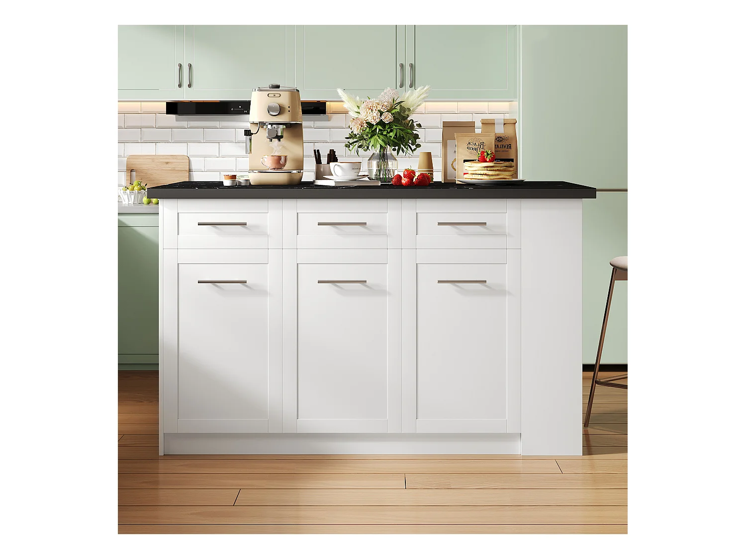 Ilot central de cuisine avec 3 portes, 6 tiroirs et compartiments - plateau extensible - 150/246 x 90 x 90 cm - Bois MDF - Blanc + noir