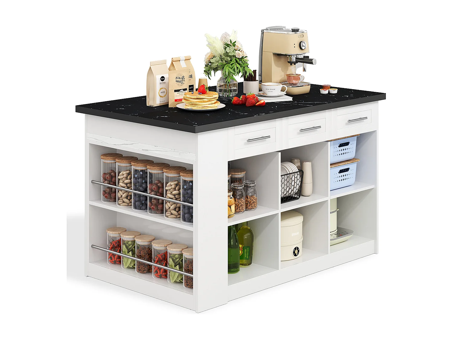 Ilot central de cuisine avec 3 portes, 6 tiroirs et compartiments - plateau extensible - 150/246 x 90 x 90 cm - Bois MDF - Blanc + noir
