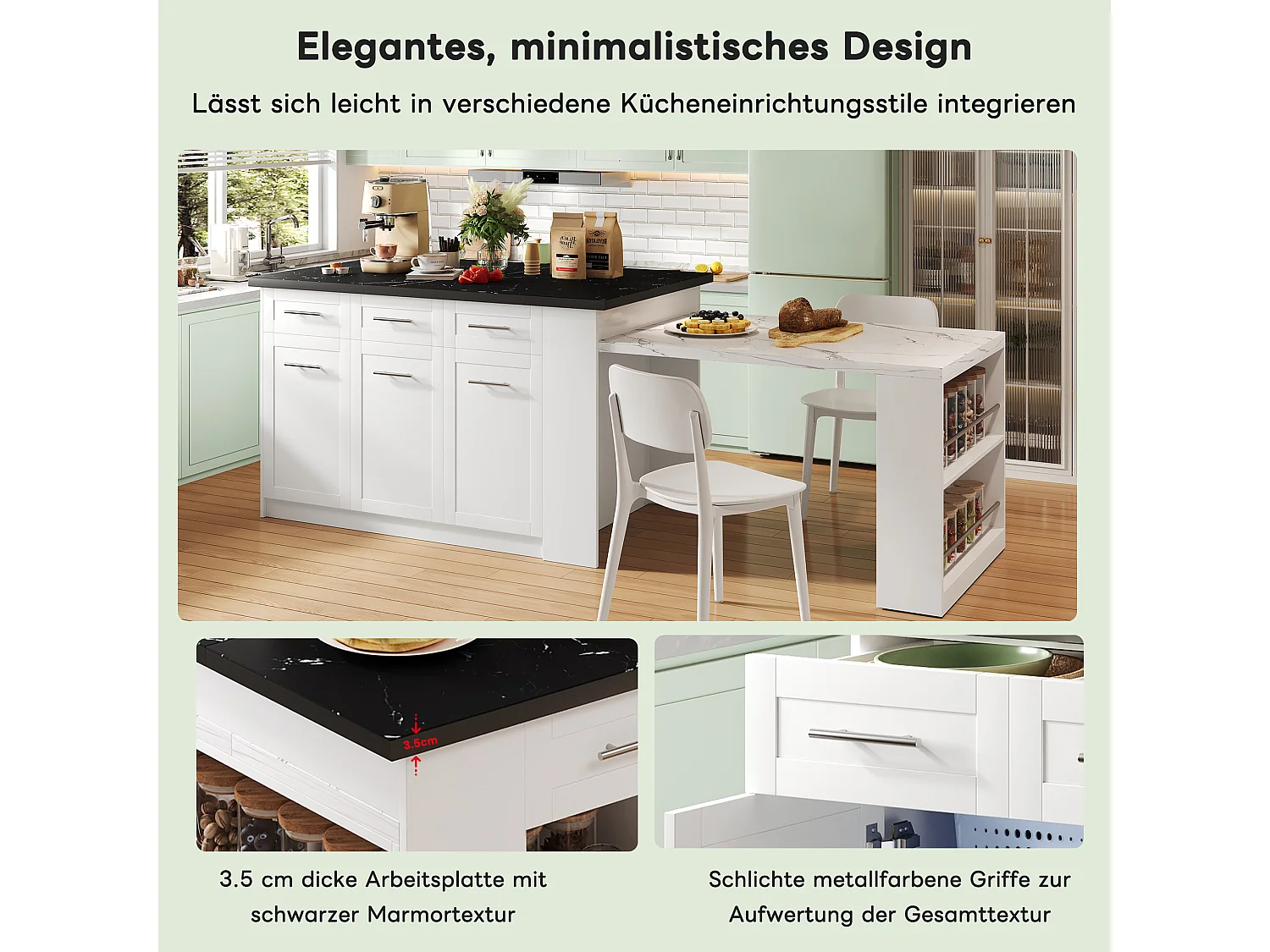 Ilot central de cuisine avec 3 portes, 6 tiroirs et compartiments - plateau extensible - 150/246 x 90 x 90 cm - Bois MDF - Blanc + noir