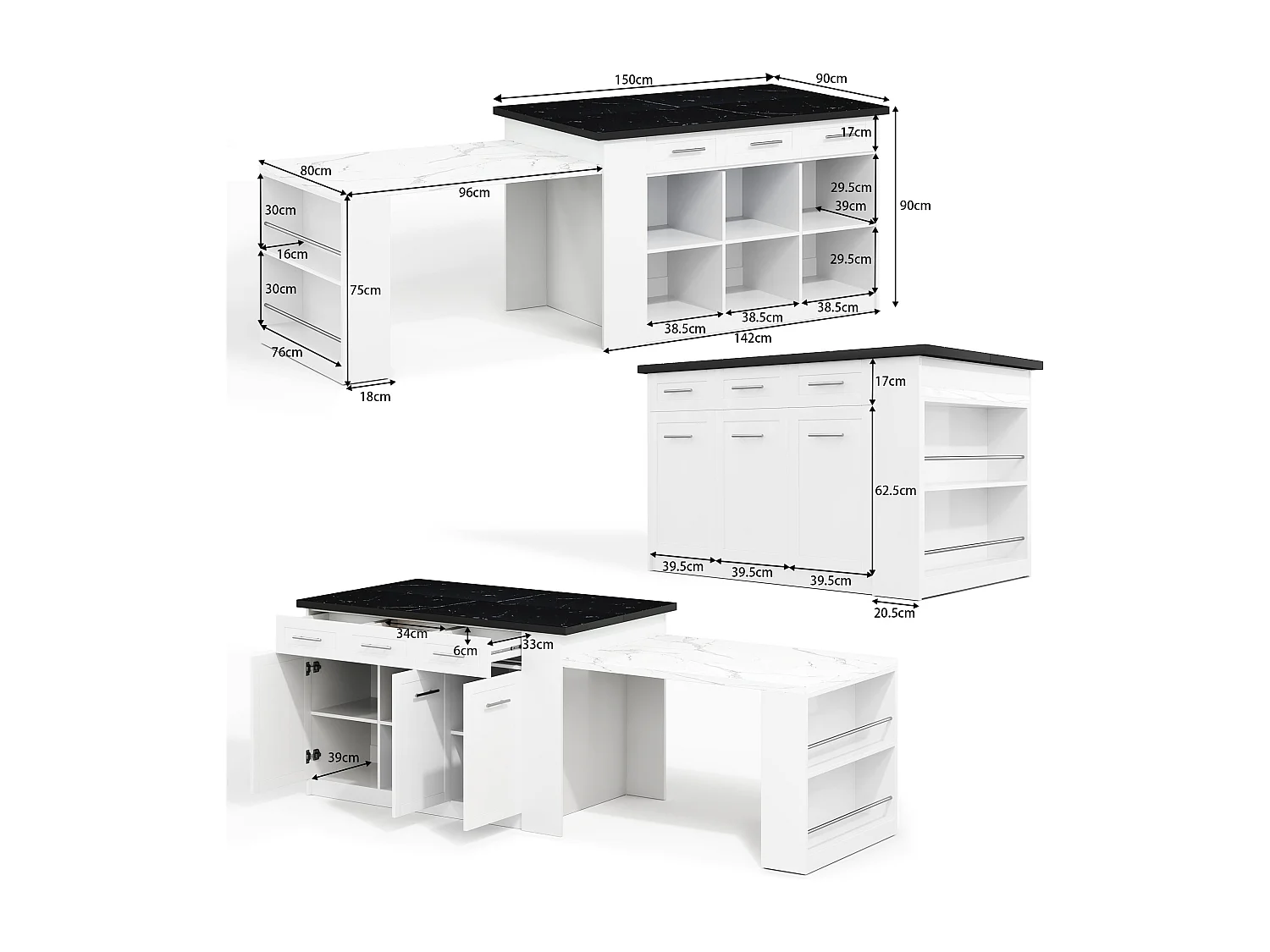 Ilot central de cuisine avec 3 portes, 6 tiroirs et compartiments - plateau extensible - 150/246 x 90 x 90 cm - Bois MDF - Blanc + noir