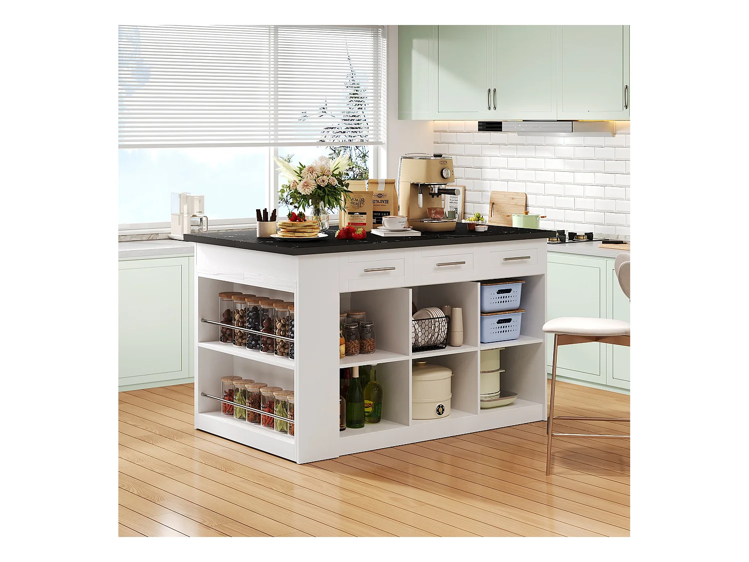 Ilot central de cuisine avec 3 portes, 6 tiroirs et compartiments - plateau extensible - 150/246 x 90 x 90 cm - Bois MDF - Blanc + noir