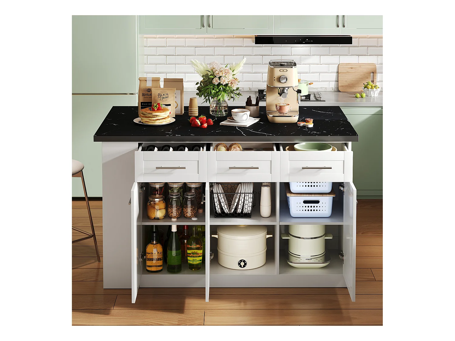 Isola cucina con 3 ante, 3 cassetti e scomparti - piano estensibile - 150/246 x 90 x 90 cm - Legno MDF - Bianco + nero
