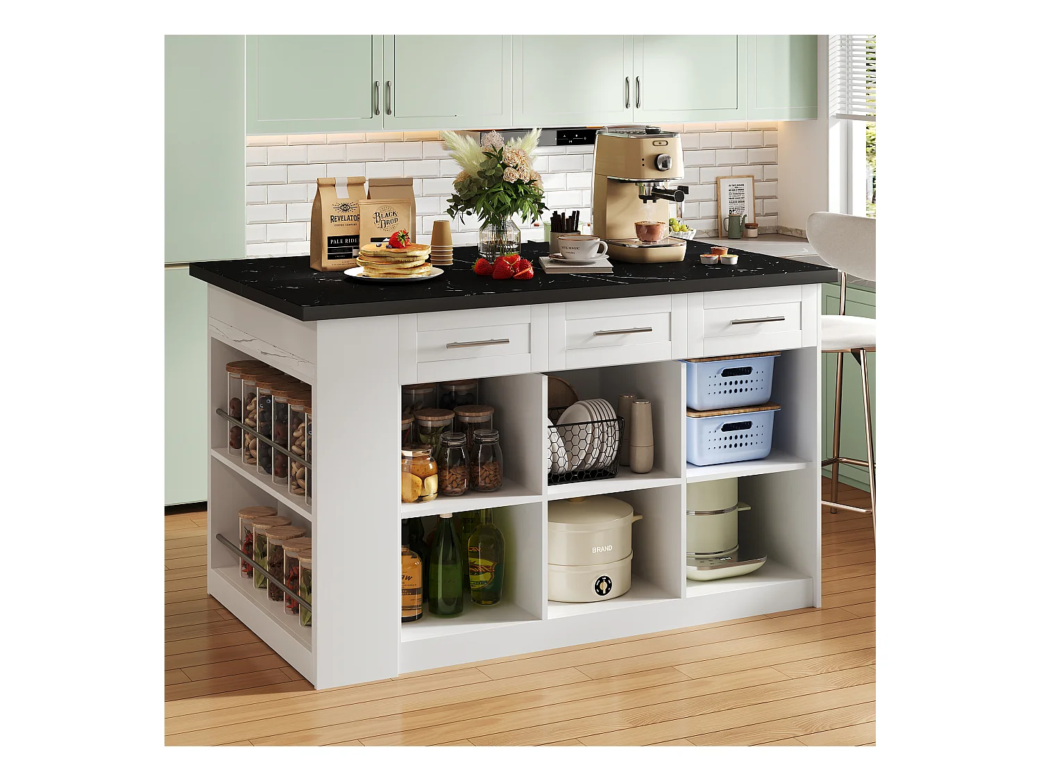Isola cucina con 3 ante, 3 cassetti e scomparti - piano estensibile - 150/246 x 90 x 90 cm - Legno MDF - Bianco + nero