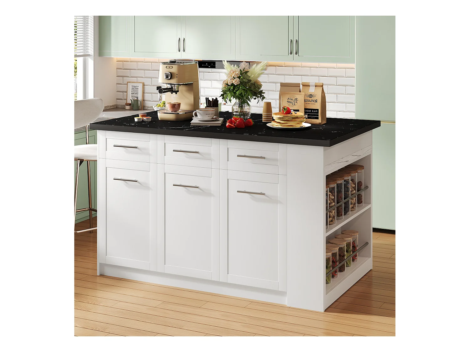 Isola cucina con 3 ante, 3 cassetti e scomparti - piano estensibile - 150/246 x 90 x 90 cm - Legno MDF - Bianco + nero