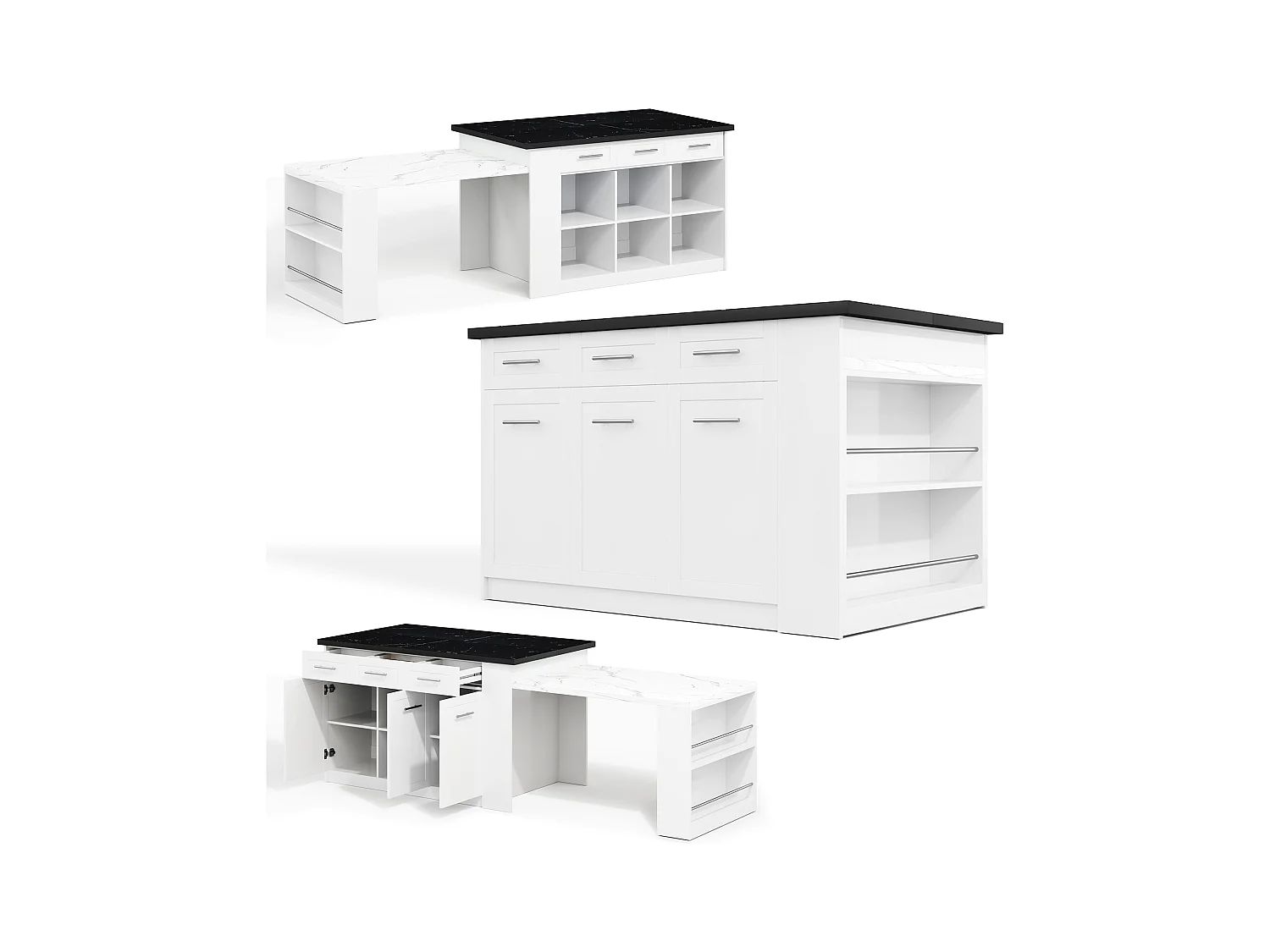 Isola cucina con 3 ante, 3 cassetti e scomparti - piano estensibile - 150/246 x 90 x 90 cm - Legno MDF - Bianco + nero