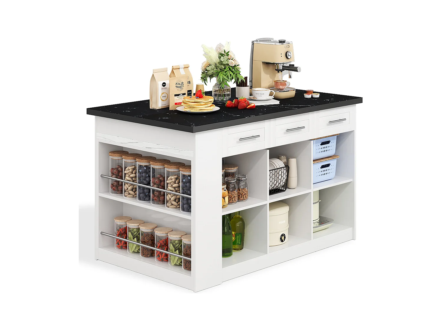Isola cucina con 3 ante, 3 cassetti e scomparti - piano estensibile - 150/246 x 90 x 90 cm - Legno MDF - Bianco + nero