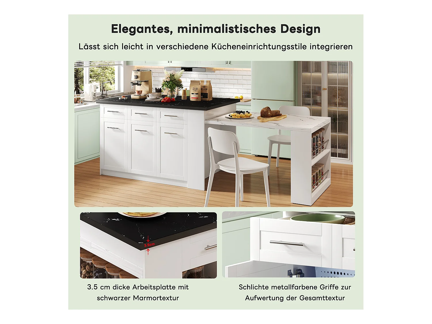 Isola cucina con 3 ante, 3 cassetti e scomparti - piano estensibile - 150/246 x 90 x 90 cm - Legno MDF - Bianco + nero