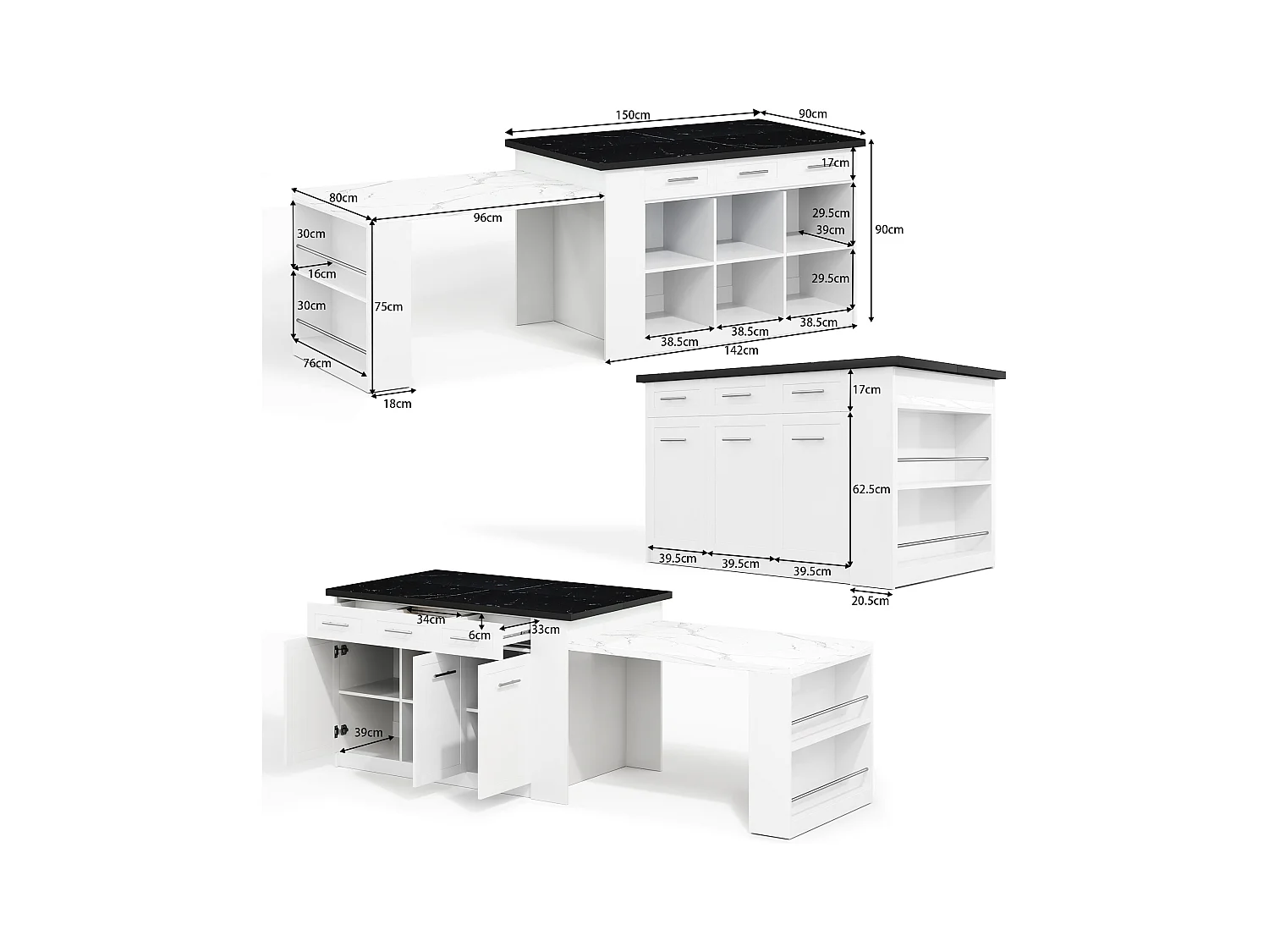Isola cucina con 3 ante, 3 cassetti e scomparti - piano estensibile - 150/246 x 90 x 90 cm - Legno MDF - Bianco + nero