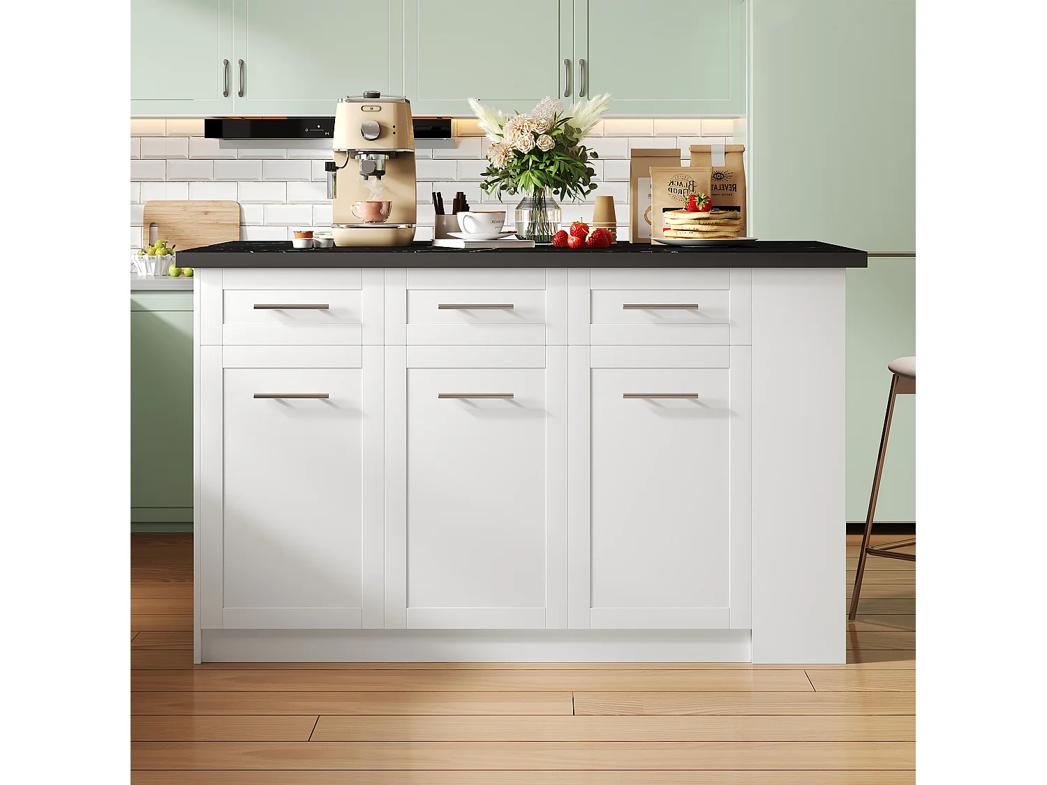 Keukeneiland met 3 deuren, 3 laden en vakken - uitschuifbaar blad - 150/246 x 90 x 90 cm - MDF hout - Wit + zwart