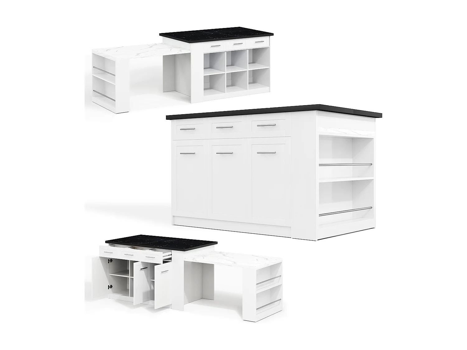 Keukeneiland met 3 deuren, 3 laden en vakken - uitschuifbaar blad - 150/246 x 90 x 90 cm - MDF hout - Wit + zwart