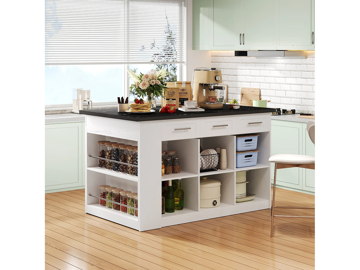 Keukeneiland met 3 deuren, 3 laden en vakken - uitschuifbaar blad - 150/246 x 90 x 90 cm - MDF hout - Wit + zwart