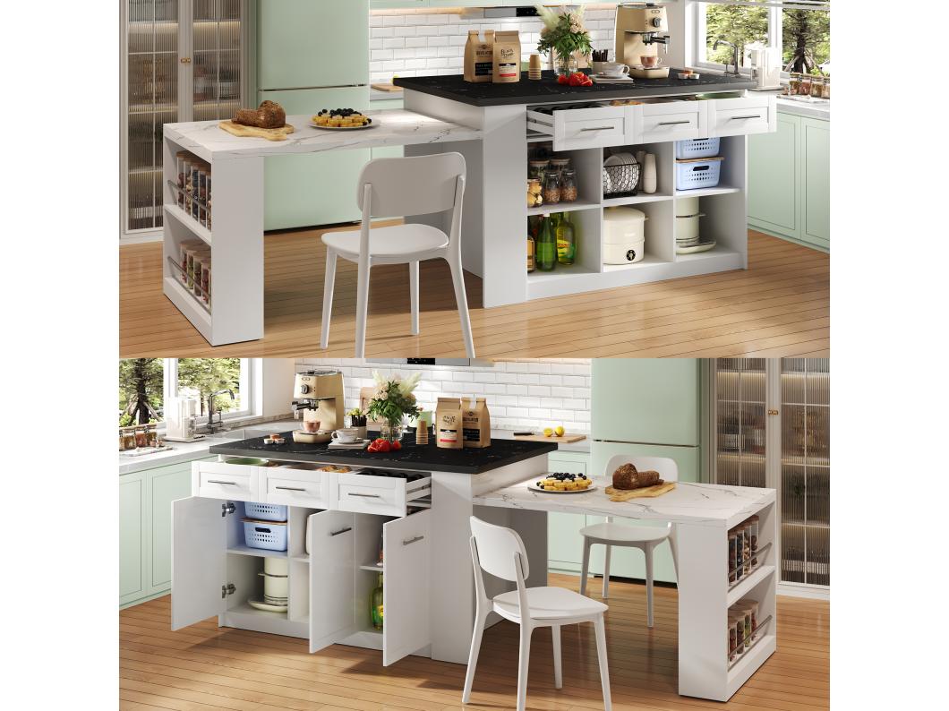 Isola cucina con 3 ante, 3 cassetti e scomparti - piano estensibile - 150/246 x 90 x 90 cm - Legno MDF - Bianco + nero