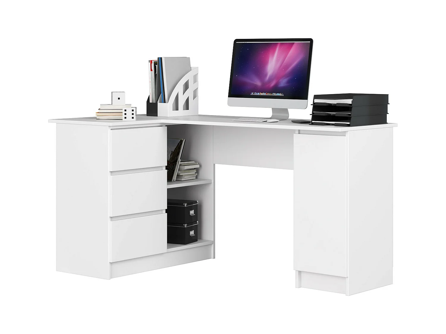 Scrivania angolare AKORD B20 Bianco 155 cm 1 anta 3 cassetti 155x85x77 cm Modello a sinistra