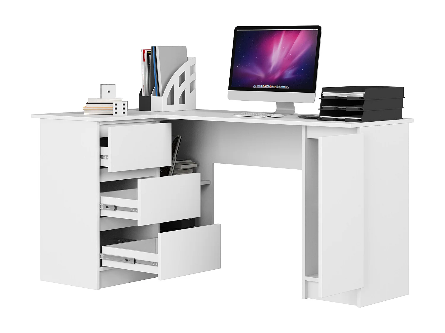 Grand bureau d'angle AKORD gauche B20 Blanc 155 cm 1 porte 3 tiroirs façade Blanche 4 étagères 155x85x77 cm