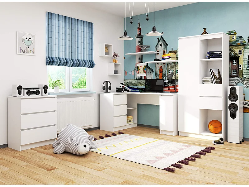 Scrivania angolare AKORD B20 Bianco 155 cm 1 anta 3 cassetti 155x85x77 cm Modello a sinistra