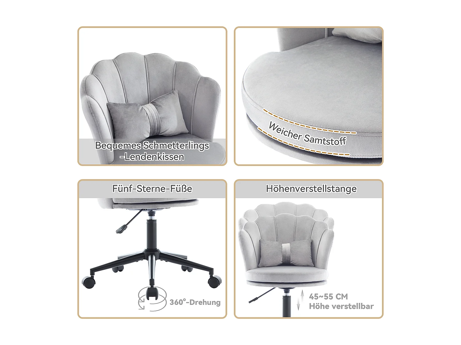 Poltrona giratória com altura regulável - Encosto em forma de pétala - 55 x 42 x 73-83 cm - Veludo - Cinza