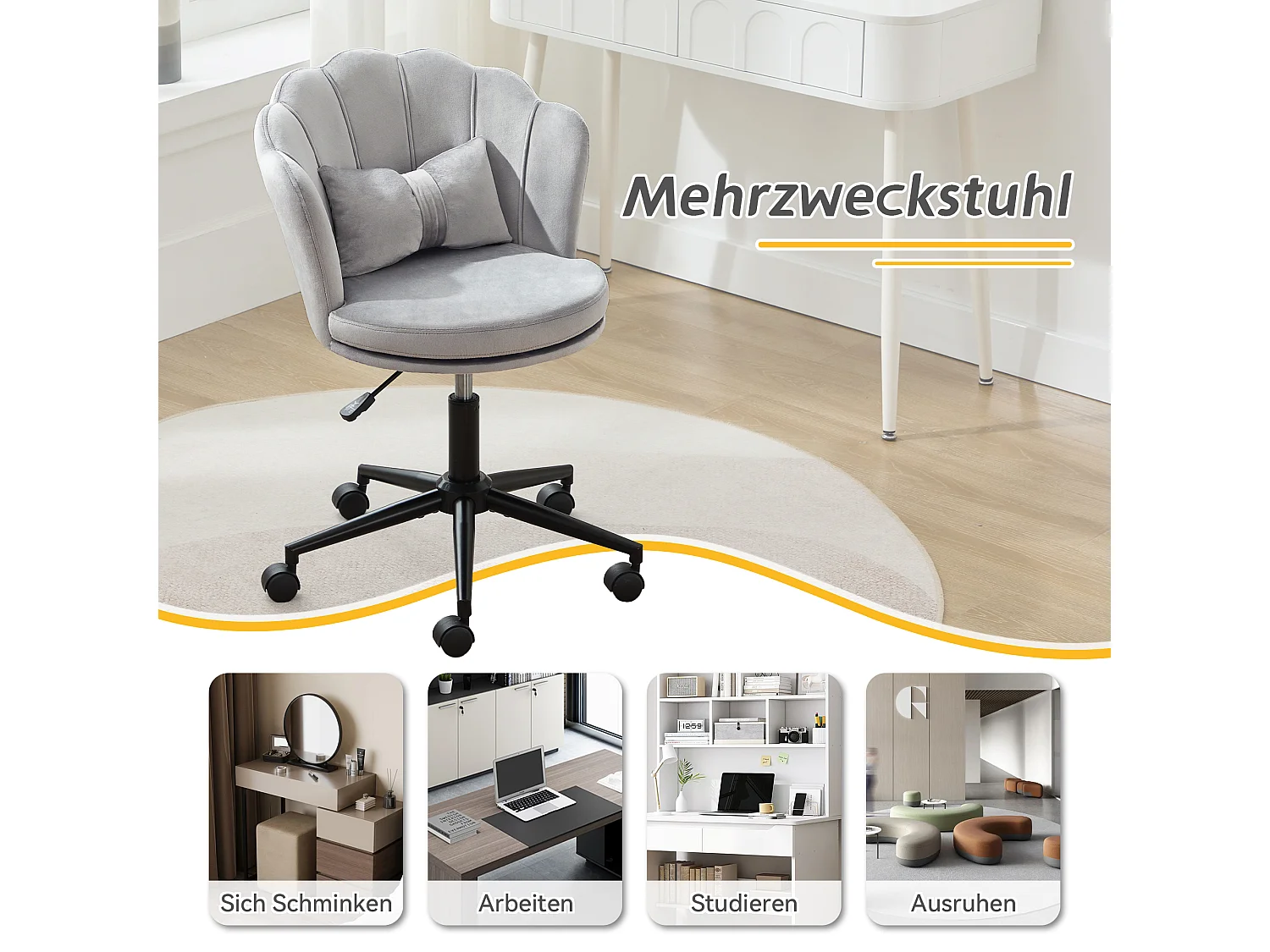 Poltrona giratória com altura regulável - Encosto em forma de pétala - 55 x 42 x 73-83 cm - Veludo - Cinza