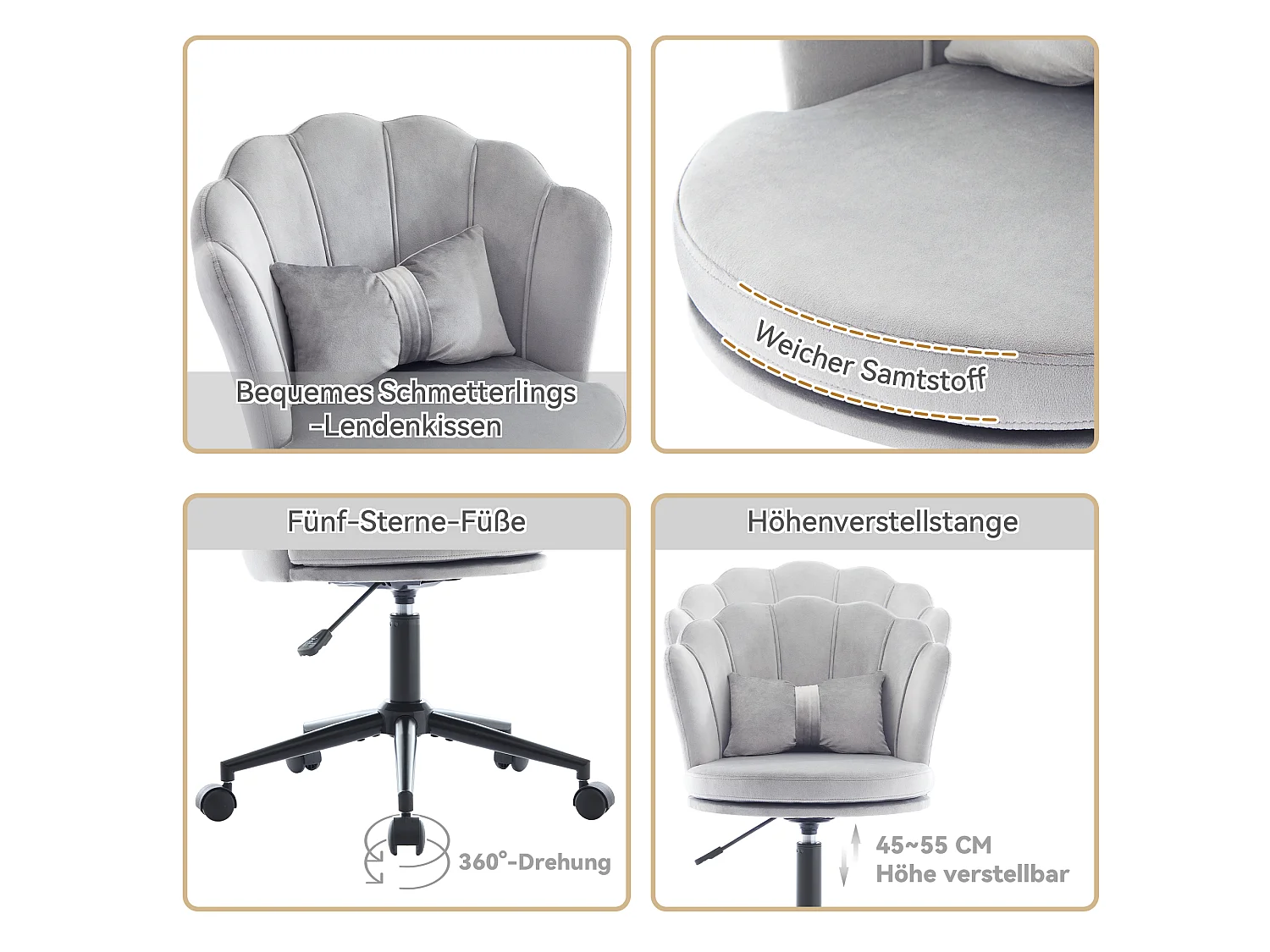 Fauteuil pivotant avec hauteur réglable - Dossier en forme de pétale - 55 x 42 x 73-83 cm - Velours - Gris