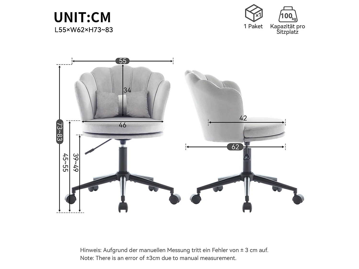 Fauteuil pivotant avec hauteur réglable - Dossier en forme de pétale - 55 x 42 x 73-83 cm - Velours - Gris