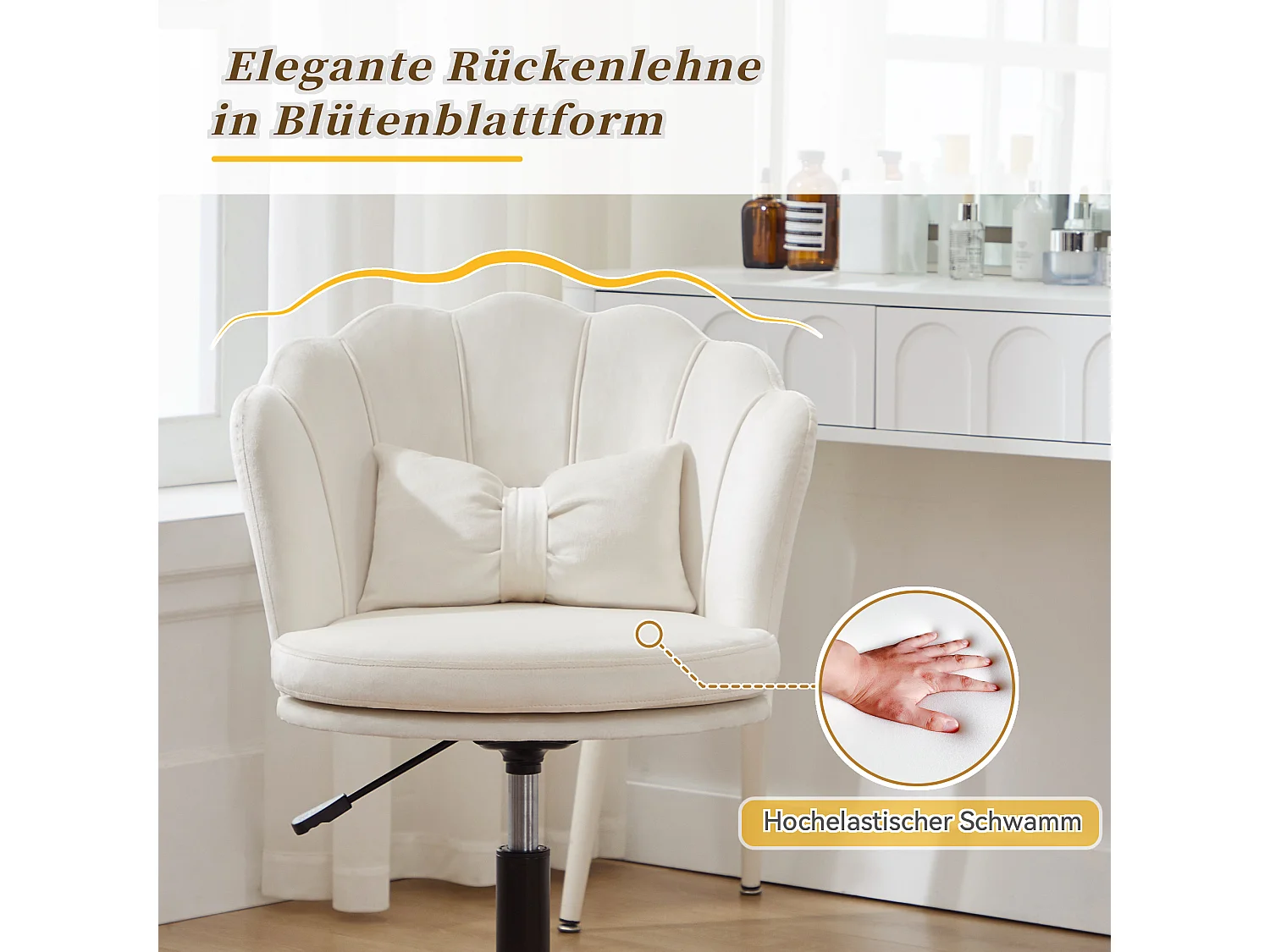 Drehsessel mit verstellbarer Höhe - Blütenförmige Rückenlehne - 55 x 42 x 73-83 cm - Samt - Beige
