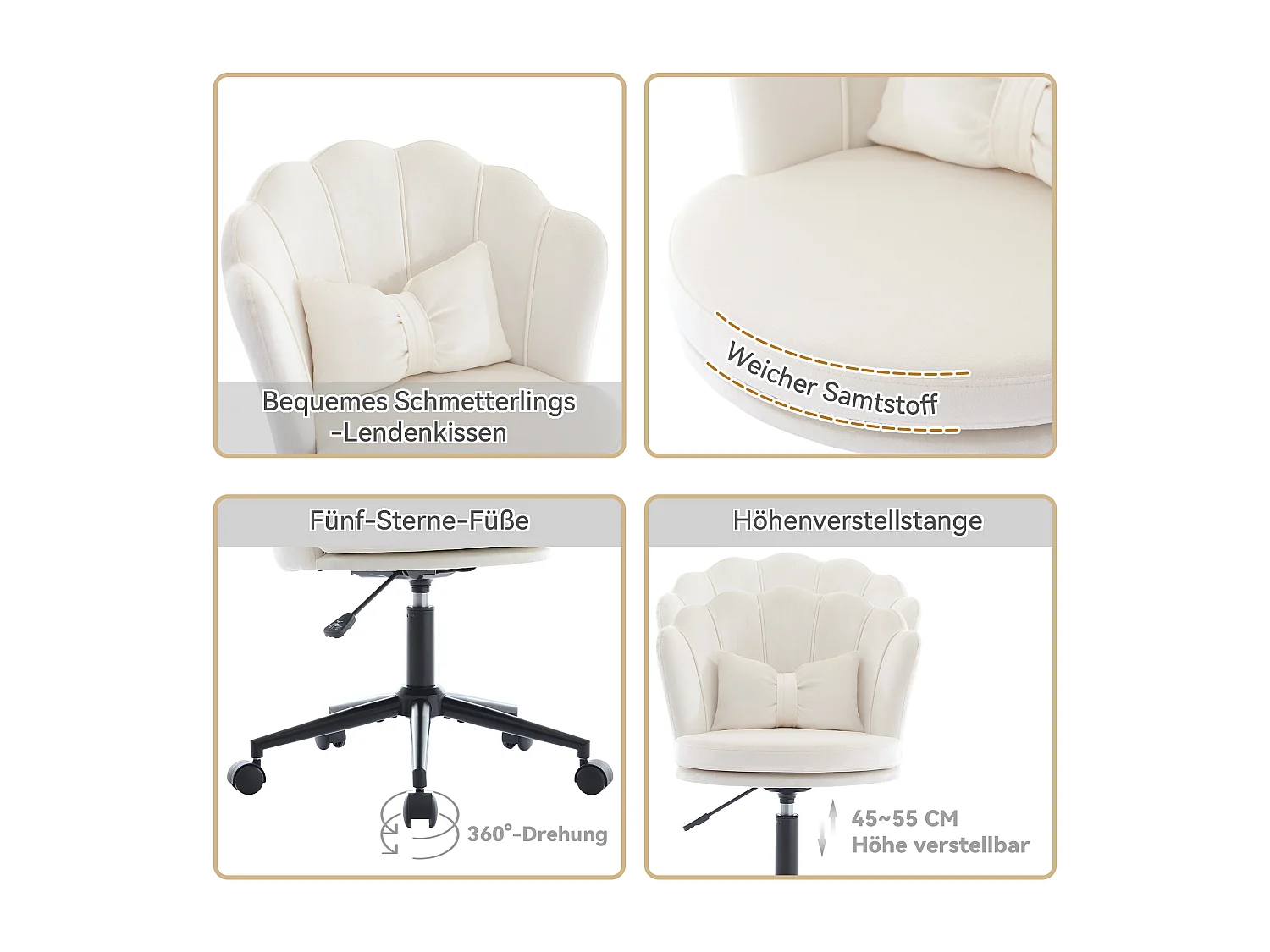 Drehsessel mit verstellbarer Höhe - Blütenförmige Rückenlehne - 55 x 42 x 73-83 cm - Samt - Beige