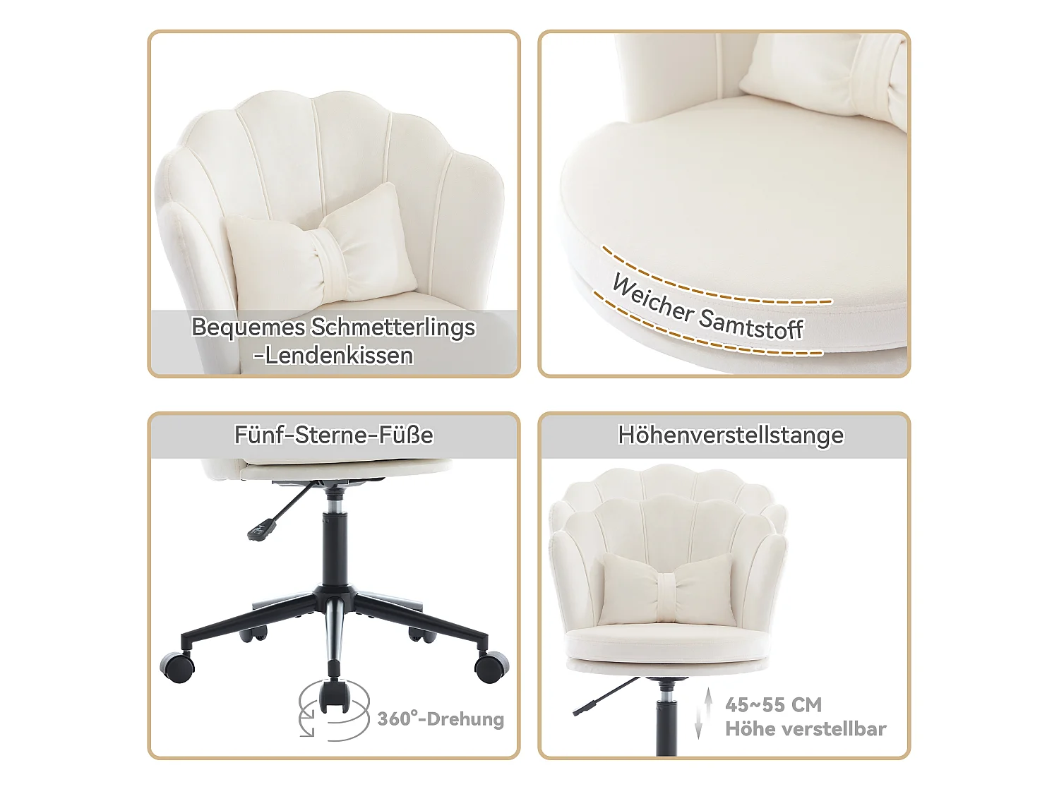 Fauteuil pivotant avec hauteur réglable - Dossier en forme de pétale - 55 x 42 x 73-83 cm - Velours - Beige