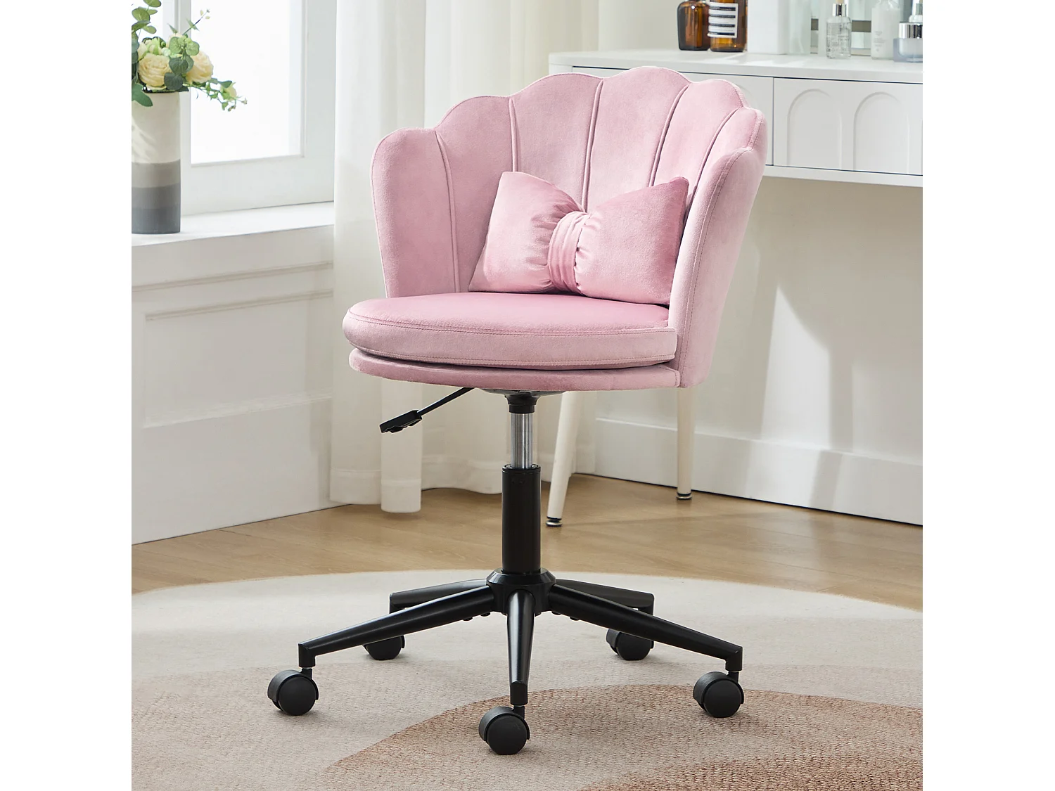 Fauteuil pivotant avec hauteur réglable - Dossier en forme de pétale - 55 x 42 x 73-83 cm - Velours - Rose
